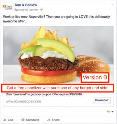 A/B Test of a restaurant Facebook ad