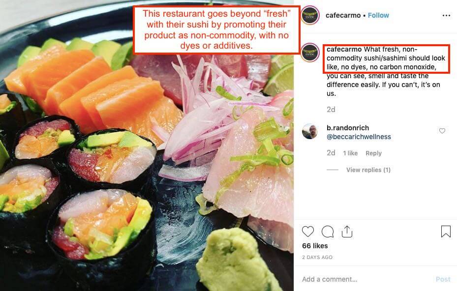 Instagram photo of sushi restaurant promoting dye-free sushi