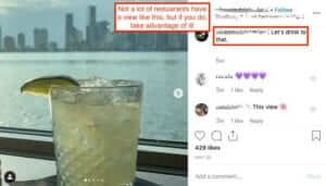 Instagram post of a cocktail in front of water with caption %22Let's drink to that%22