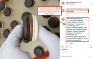Instagram post of a macaroon, showing hashtags in the first comment