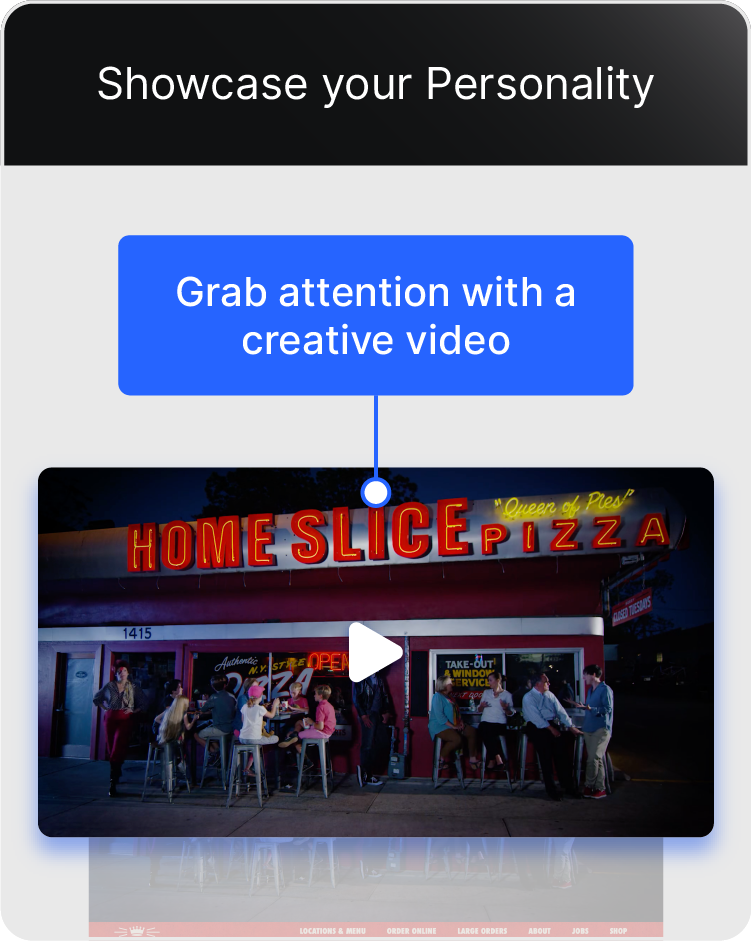 Home Slice's restaurant website features a looping video of unique characters at their restaurant.