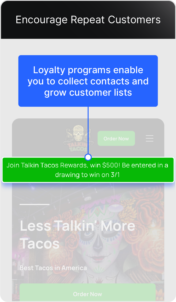 Talkin' Tacos site features a loyalty program CTA to collect customer contacts.