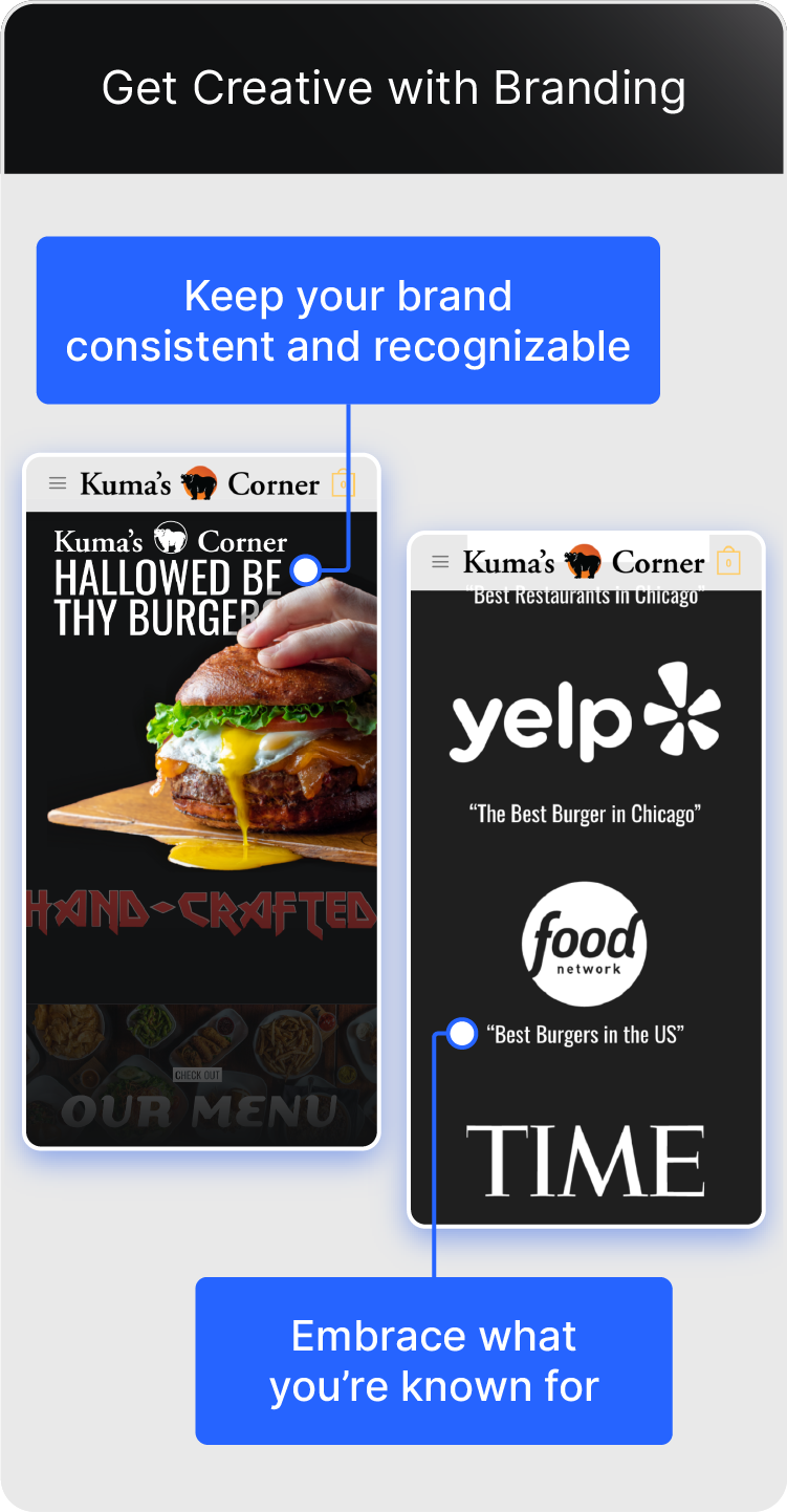 Kuma's Corner uses their unique and recognizable brand throughout their site.