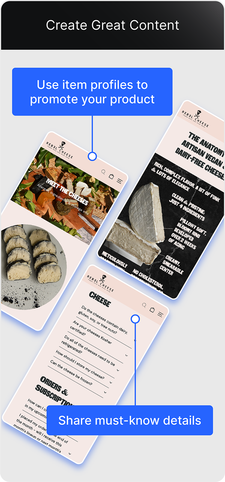 Screenshots highlight Rebel Cheese site content including product pages and national reviews.