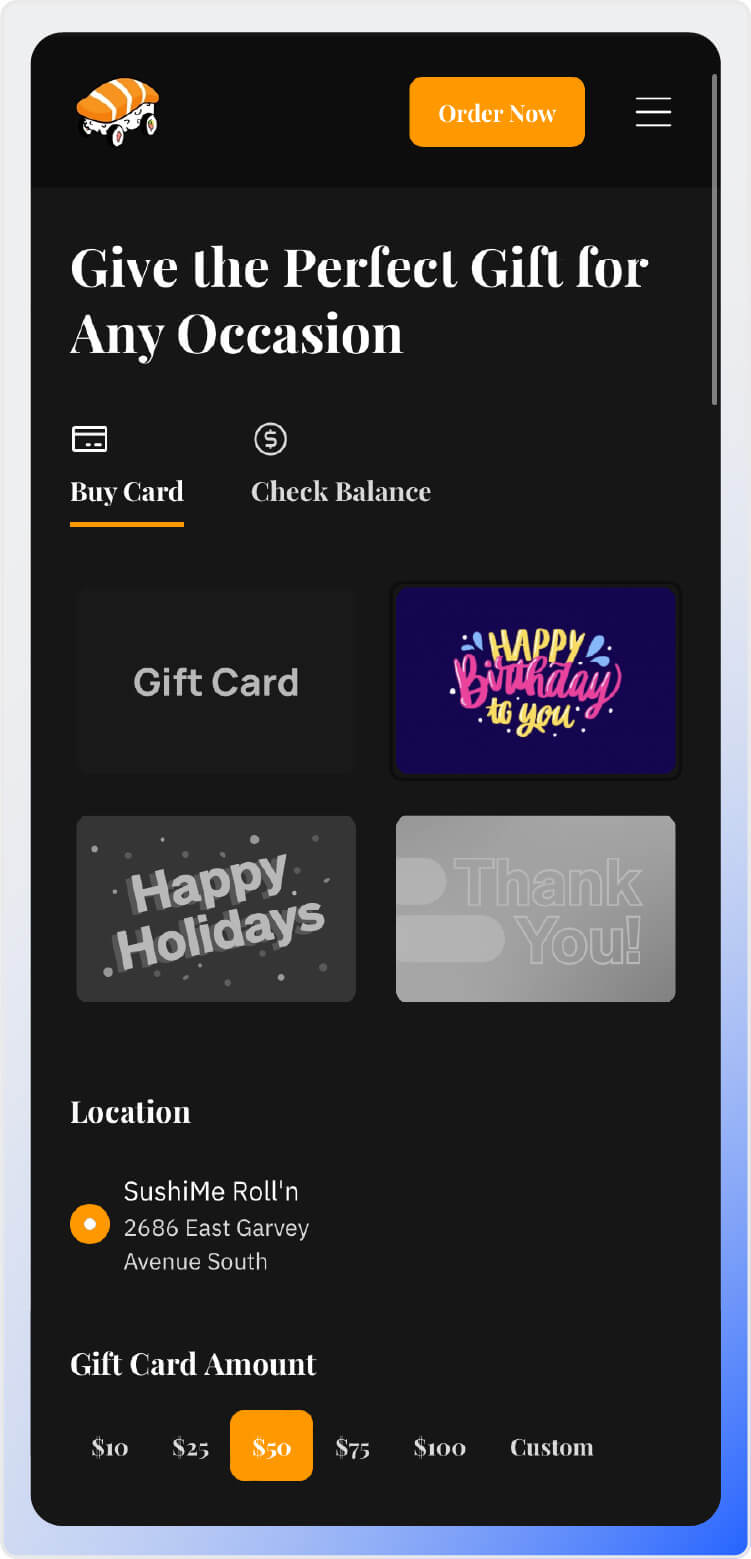 A screenshot of SushiMe Roll'n's gift card page