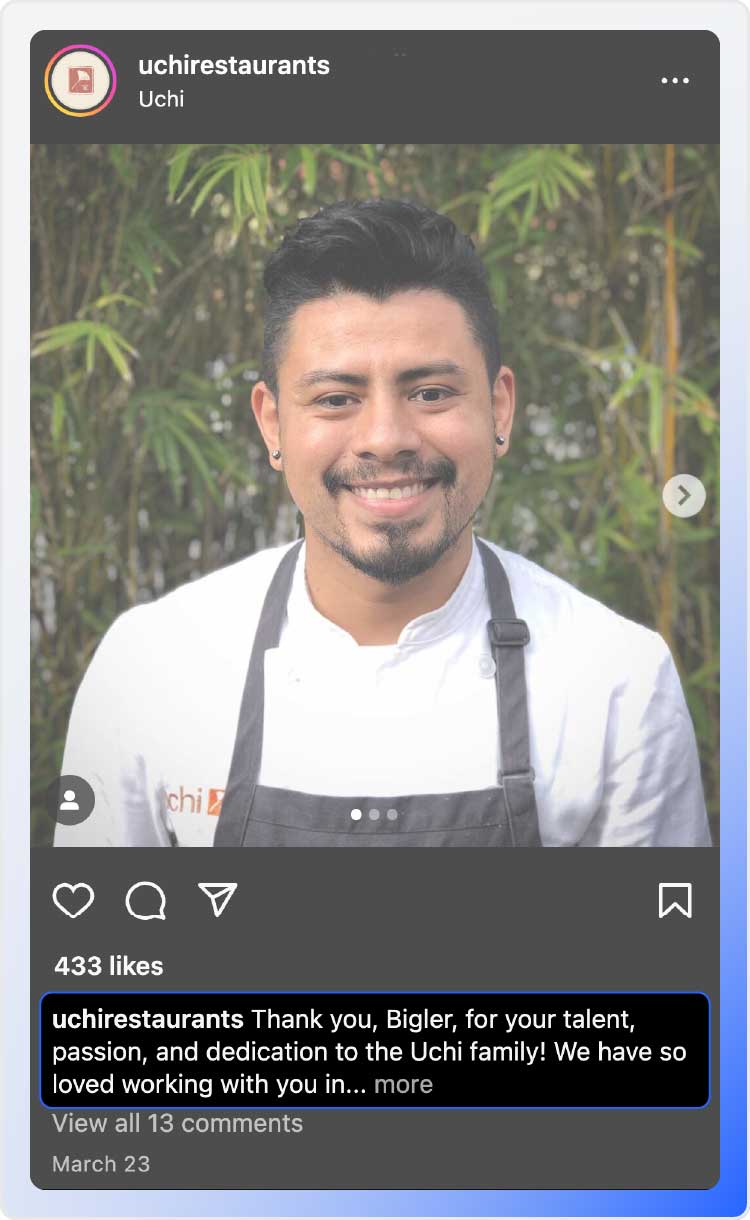 A screenshot of Uchi Restaurant's employee spotlight Instagram post