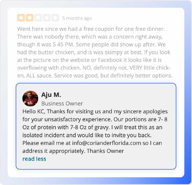 A screenshot of a review response on Coriander Indian and Euro Kitchen's Yelp profile.