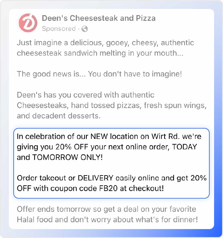 A screenshot of a discount promotion from Deen's Cheesesteak and Pizza