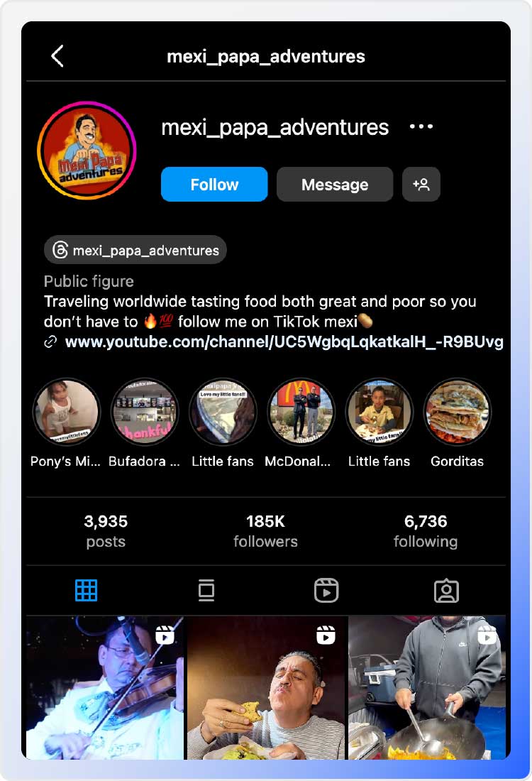 A screenshot of Mexi Papa Adventures Instagram profile.
