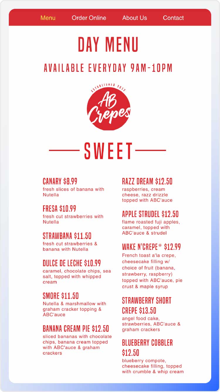 Sreenshot of AB Crepes Menu
