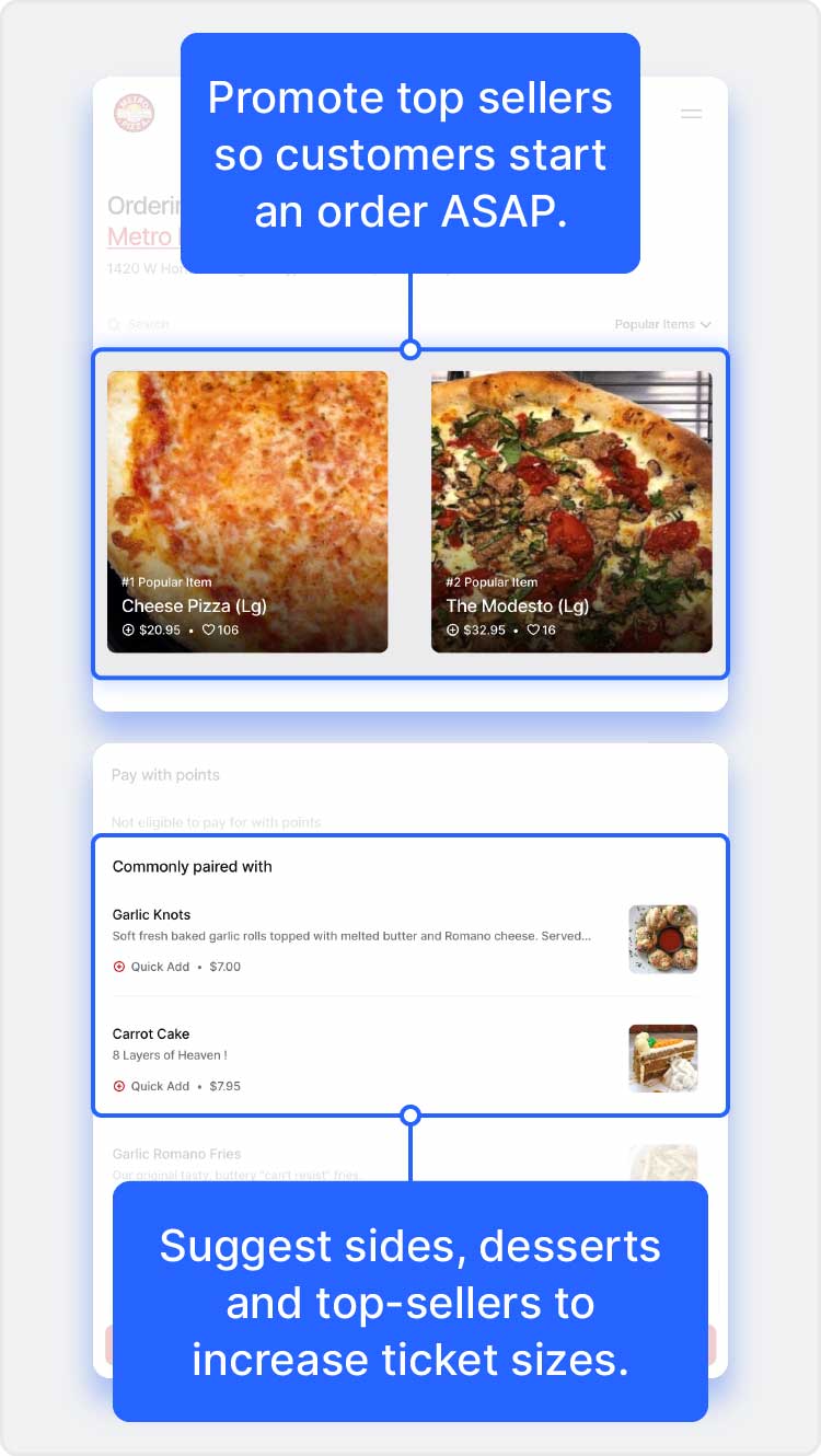 Screenshots of Owner.com websites show promoted item features that boost sales.