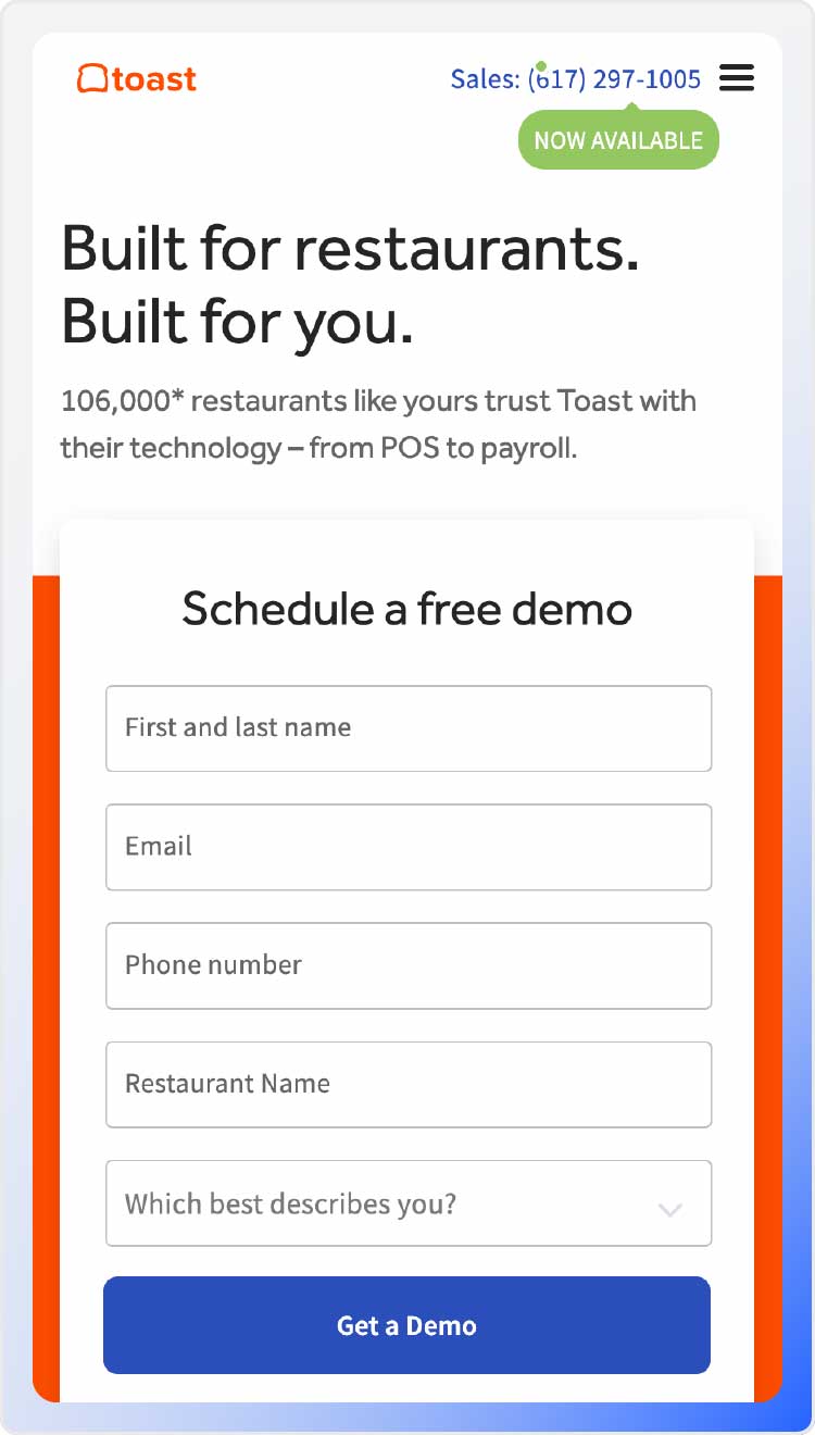 Screenshot of Toast's online ordering product page.