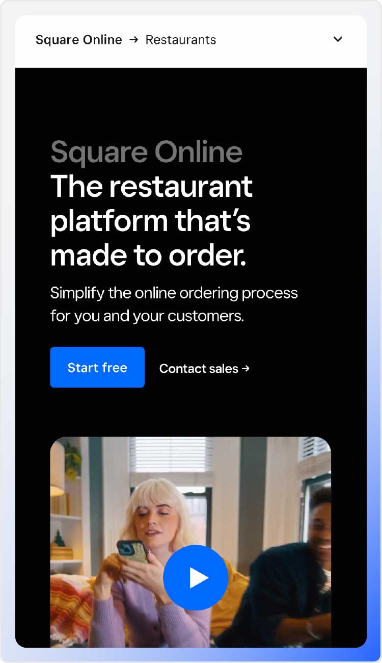 Square Online product page focused on restaurant solutions.