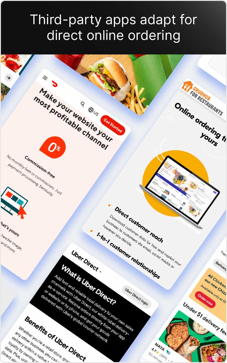 Screenshots of third-party apps new storefront services, like Uber Eats Direct.