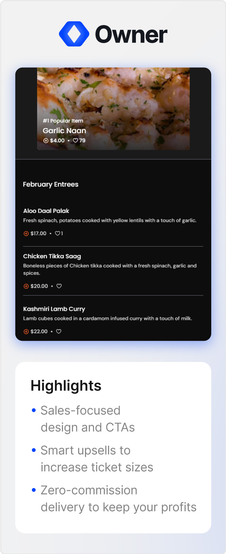 Screenshots of an Owner.com website and digital menu with key service highlights.
