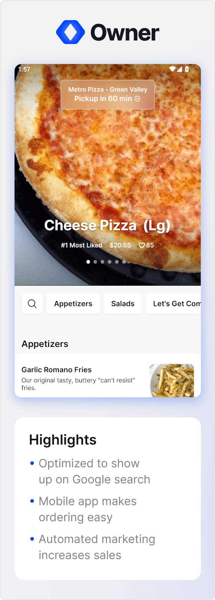 Owner.com partner restaurants featured with website screenshots and highlights of the service.