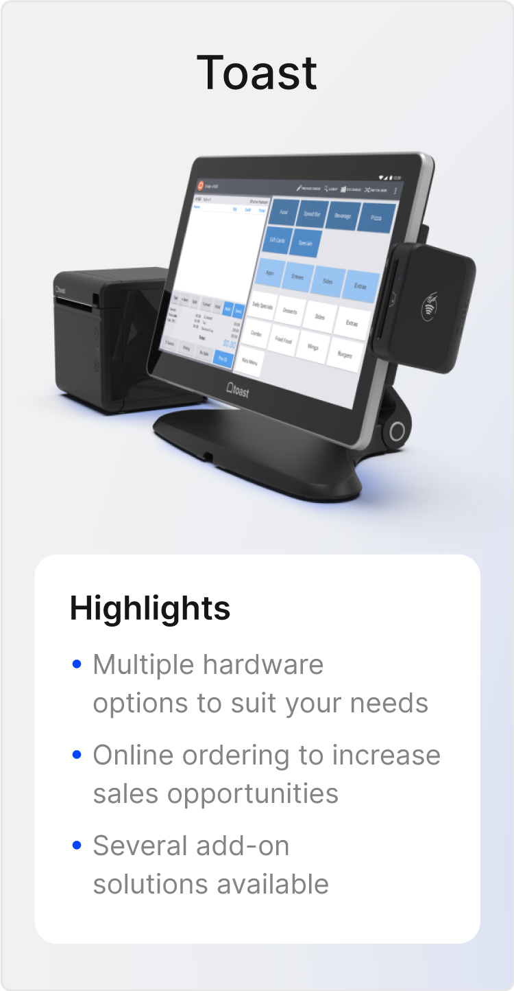 Image of a Toast POS with key feature highlights of Toast's service.