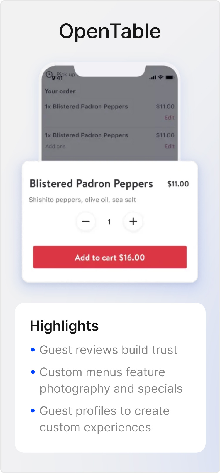 Image of OpenTable's reservation software with key feature highlights.