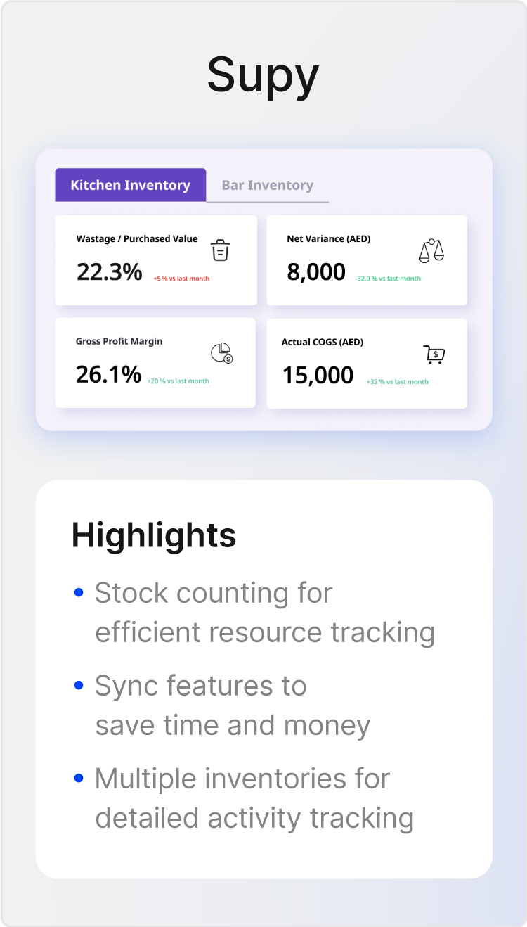 Screenshot shows Supy's ability to track multiple inventories and lists key software highlights.