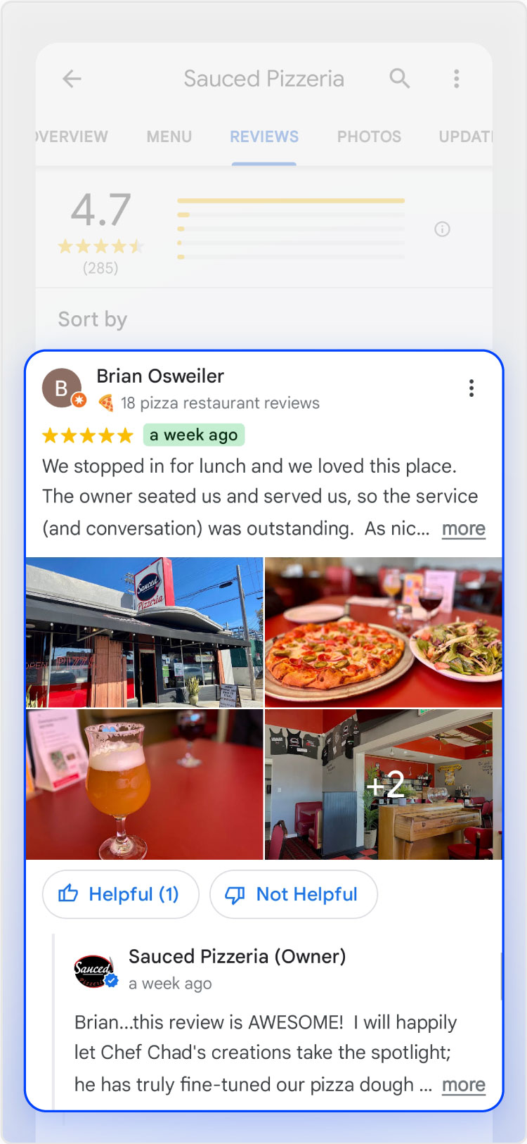An example of a review response from Sauced Pizzeria