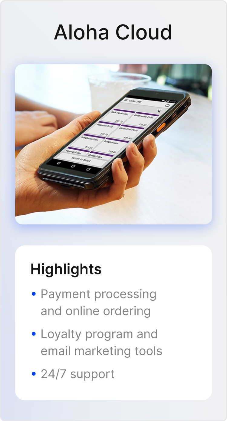 Image of Aloha Cloud POS and highlights of tool