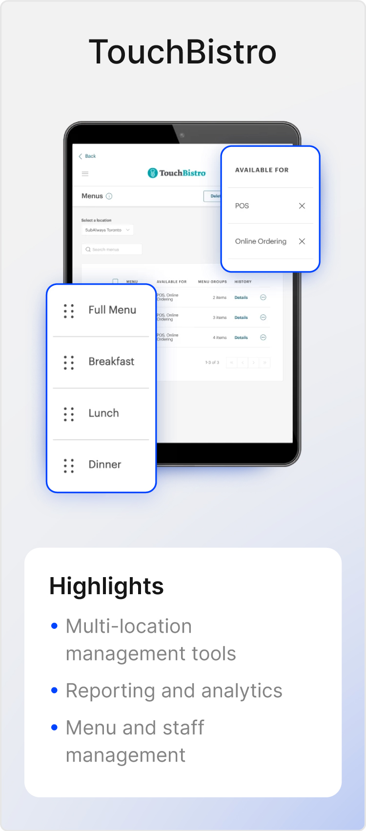 Image of TouchBistro POS and highlights of tool
