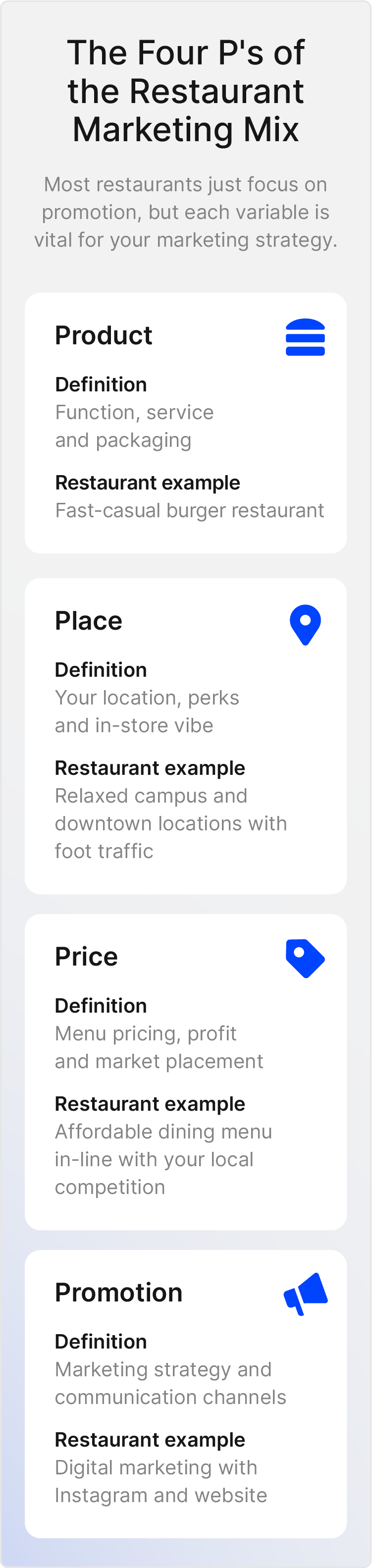 Image defines the four Ps of the marketing matrix with examples: Product, place, price, promotion.
