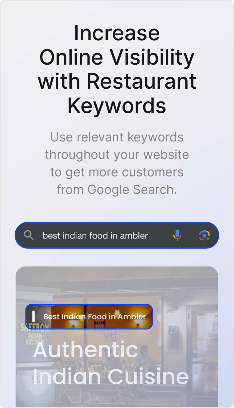 Image of a Google search of best Indian food in Ambler with a screenshot of an Indian restaurant with a matching phrase.