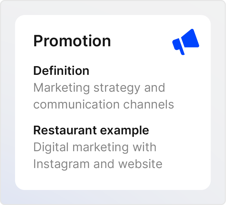 Image defines Promotion as part of the marketing mix with restaurant examples.