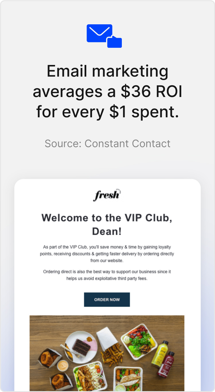 Image of a loyalty club promo highlights that email marketing averages a $36 ROI per $1 spent.